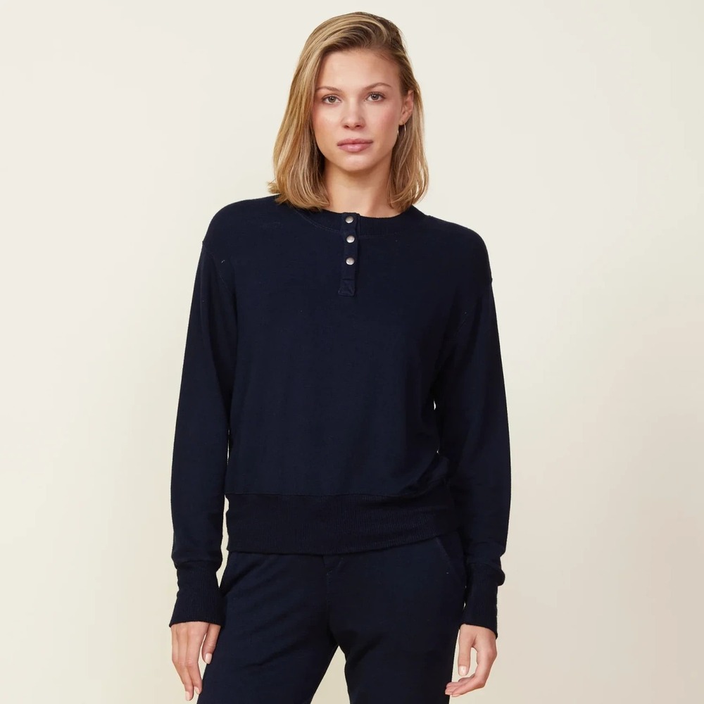 Monrow Womens Henley Sweater Dark Navy Pullover Crewneck Sz S Soft Knit Lounge